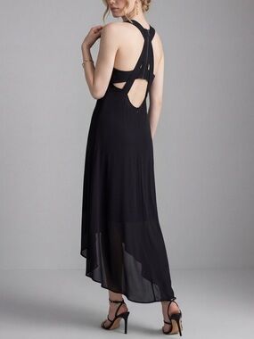 BCBGMaxAzria Black High Low Rorry Zipper cut out Back Maxi Dress sheer lined LBD